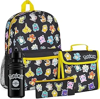 Pokémon Mochila Escolar Set Mochilas Escolares 4 Piezas con Botella de Agua Bolsa Almuerzo Estuche Infantil o Cartera Anime Material Escolar (Negro/Multi Set 4 Pzs)