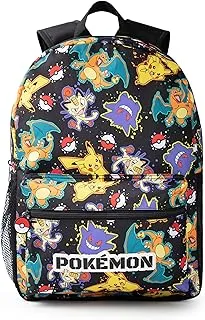 Pokémon Mochila Pikachu Charizard Gengar Meowth en Negro | Personaje infantil Bolsa estampada por toda la prenda | Correas de hombro ajustables, bolsillo frontal y soporte de malla